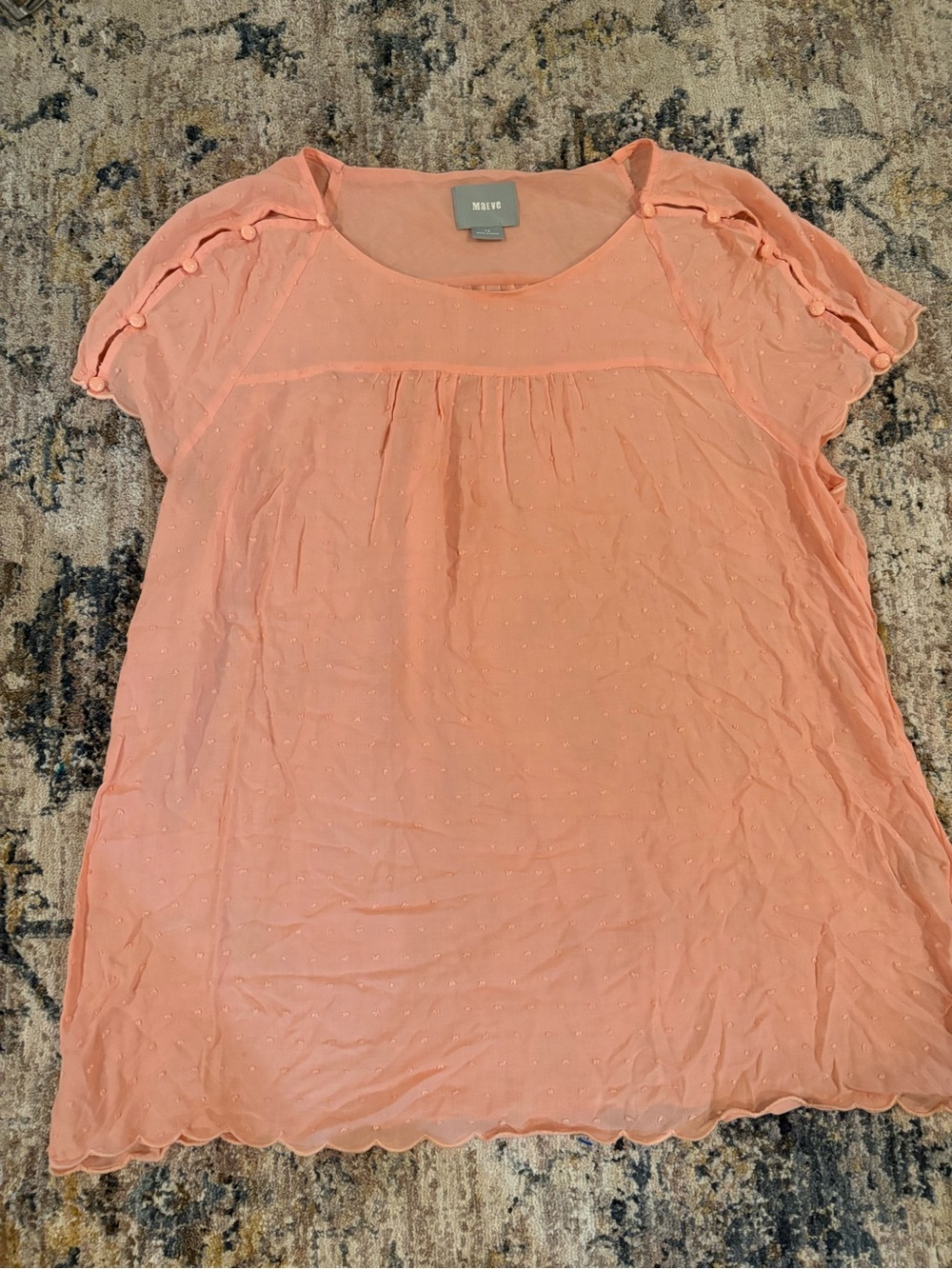 Anthropologie Maeve Swiss Clip Dot Button Shoulder Shirt Top Peach Pink Size 12